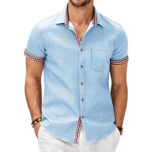Men's Casual Short Sleeve Button Down Dress Shirt Denim Work Shirts